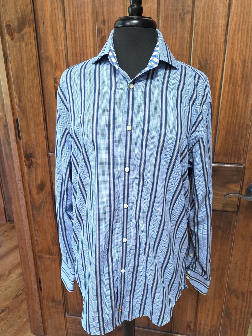 Thomas Dean Light Blue & Navy Vertical Stripe Button-Down Shirt